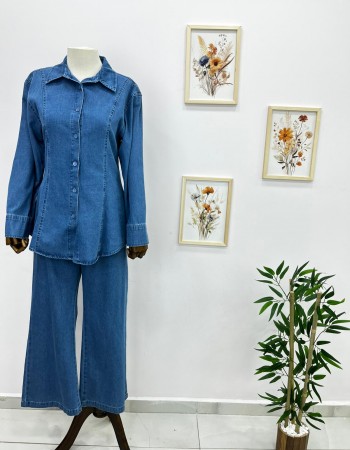 Belden Oturtmalı Denim Takım Açık Mavi