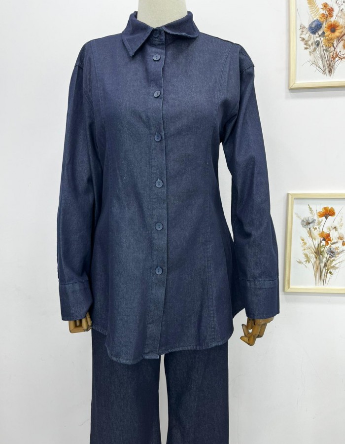 Belden Oturtmalı Denim Takım Koyu Mavi