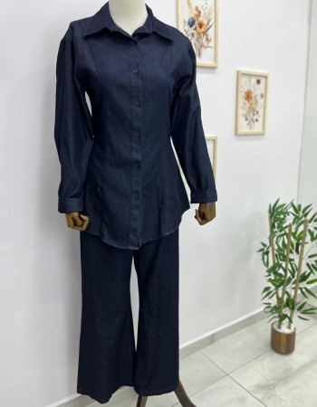 Belden Oturtmalı Denim Takım Koyu Mavi