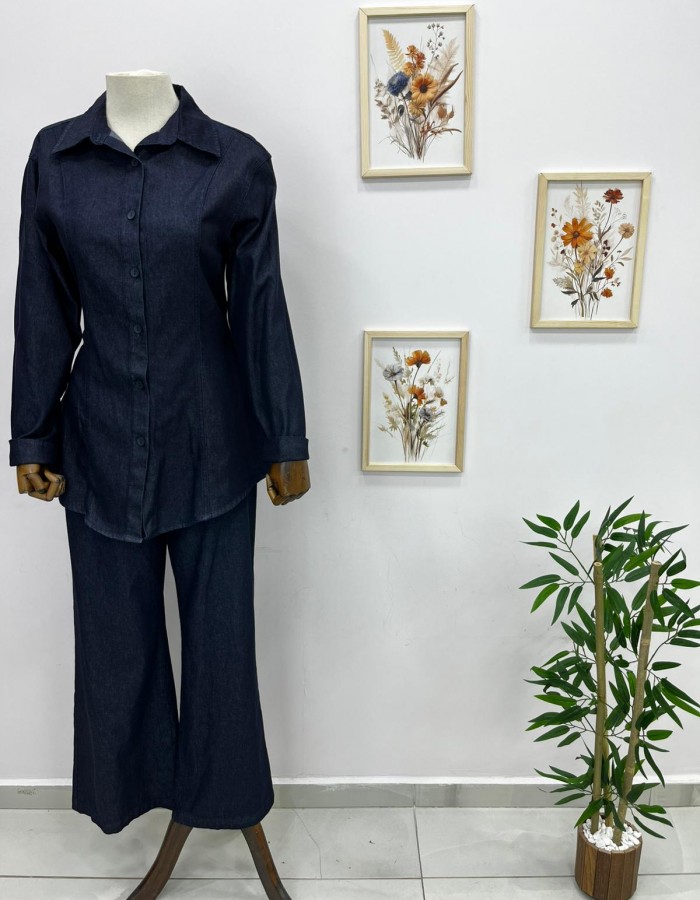 Belden Oturtmalı Denim Takım Koyu Mavi