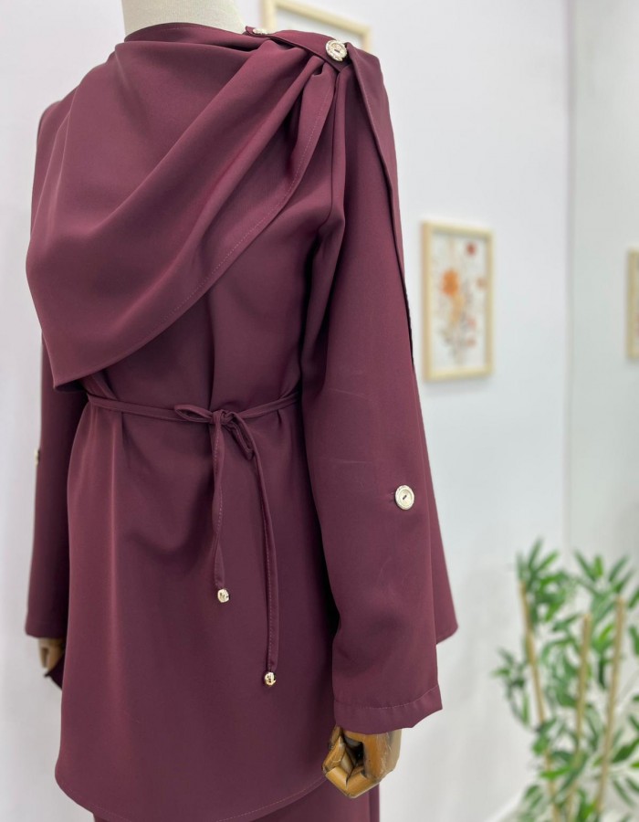 Şal Yaka Detaylı Belden Bağlamalı Pantolon Takım Bordo