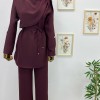 Şal Yaka Detaylı Belden Bağlamalı Pantolon Takım Bordo