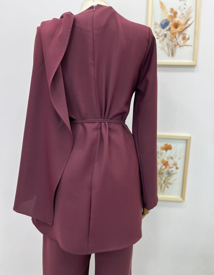Şal Yaka Detaylı Belden Bağlamalı Pantolon Takım Bordo