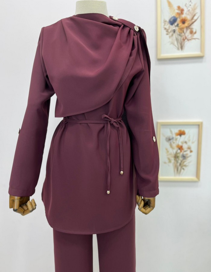 Şal Yaka Detaylı Belden Bağlamalı Pantolon Takım Bordo