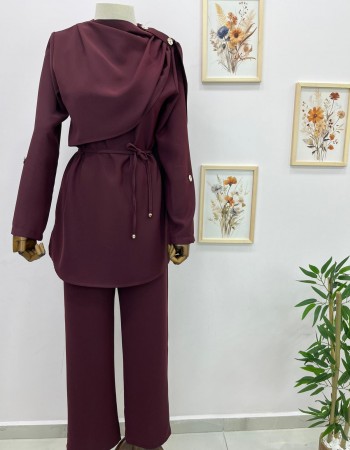 Şal Yaka Detaylı Belden Bağlamalı Pantolon Takım Bordo