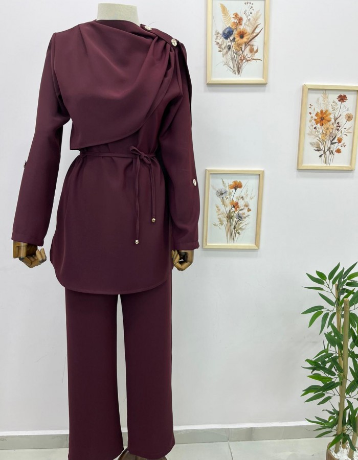 Şal Yaka Detaylı Belden Bağlamalı Pantolon Takım Bordo