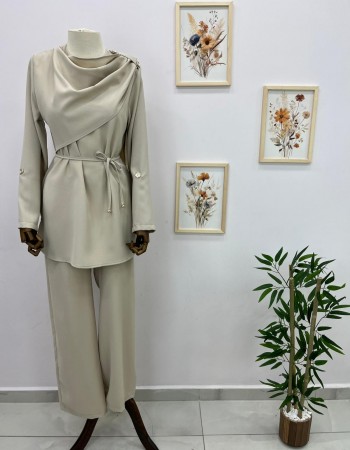 Şal Yaka Detaylı Belden Bağlamalı Pantolon Takım Krem