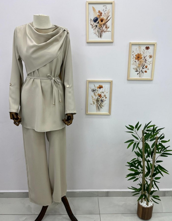 Şal Yaka Detaylı Belden Bağlamalı Pantolon Takım Krem