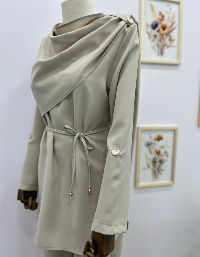 Şal Yaka Detaylı Belden Bağlamalı Pantolon Takım Krem