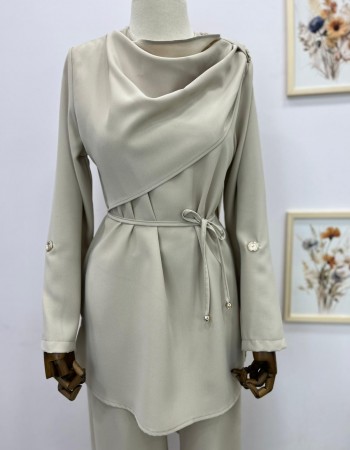 Şal Yaka Detaylı Belden Bağlamalı Pantolon Takım Krem