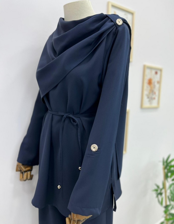 Şal Yaka Detaylı Belden Bağlamalı Pantolon Takım Lacivert