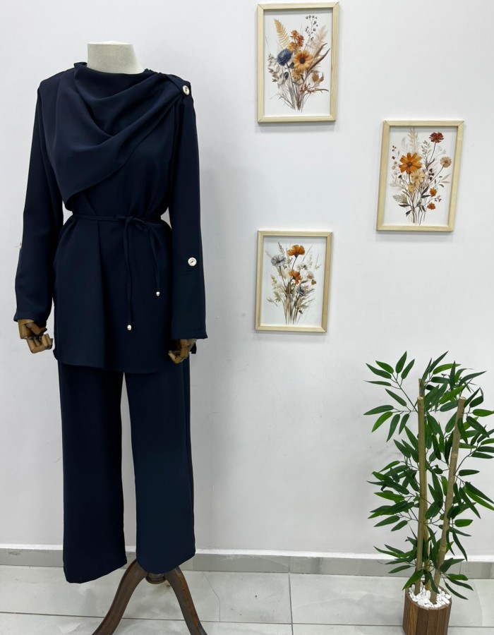 Şal Yaka Detaylı Belden Bağlamalı Pantolon Takım Lacivert