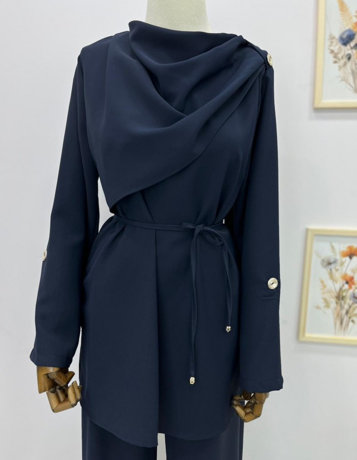 Şal Yaka Detaylı Belden Bağlamalı Pantolon Takım Lacivert