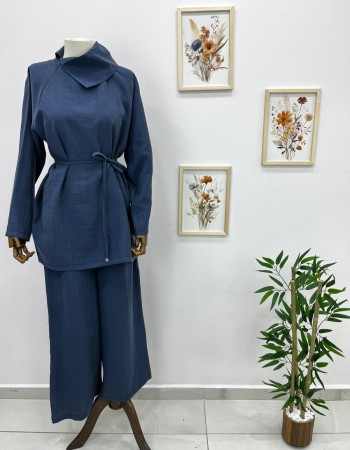 Çapraz Yaka Detaylı Seyyar Kemerli Pantolon Takım Mavi