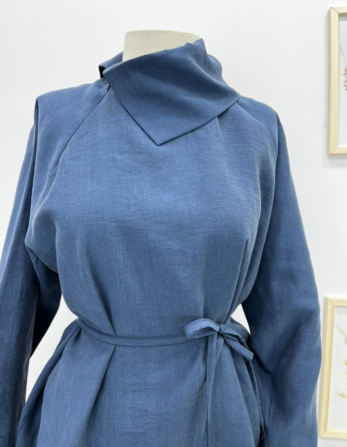 Çapraz Yaka Detaylı Seyyar Kemerli Pantolon Takım Mavi