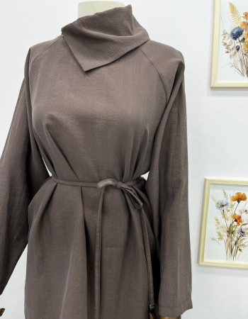 Çapraz Yaka Detaylı Seyyar Kemerli Pantolon Takım Kahverengi