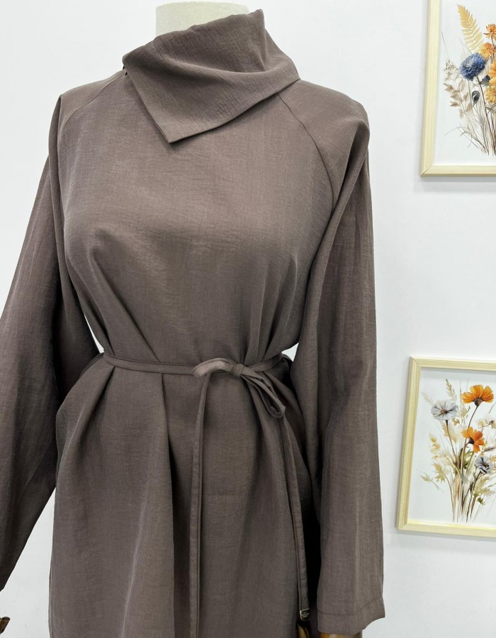 Çapraz Yaka Detaylı Seyyar Kemerli Pantolon Takım Kahverengi