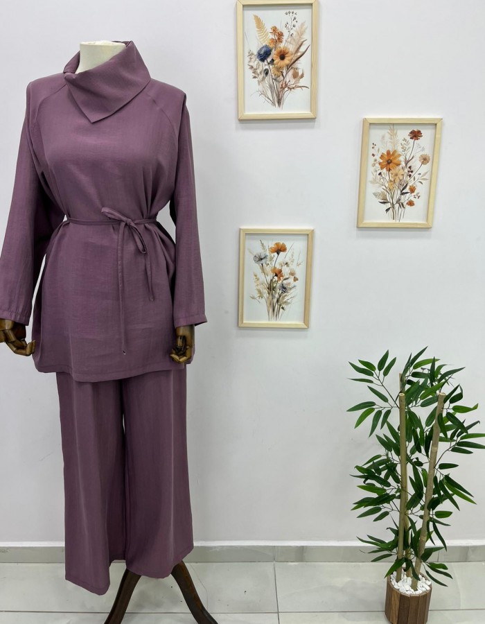 Çapraz Yaka Detaylı Seyyar Kemerli Pantolon Takım Pembe