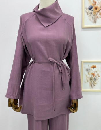 Çapraz Yaka Detaylı Seyyar Kemerli Pantolon Takım Pembe