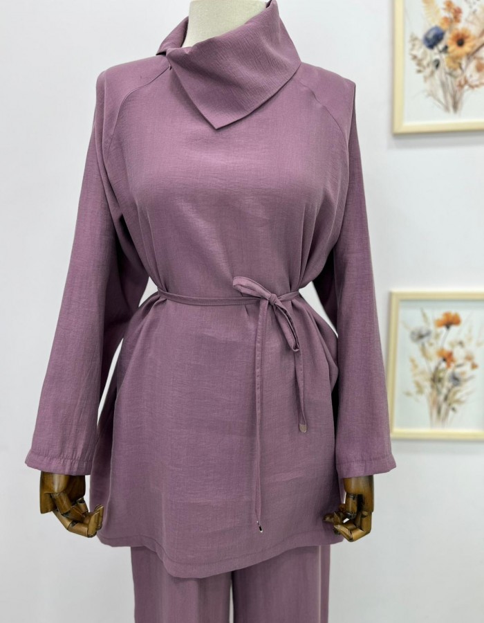 Çapraz Yaka Detaylı Seyyar Kemerli Pantolon Takım Pembe