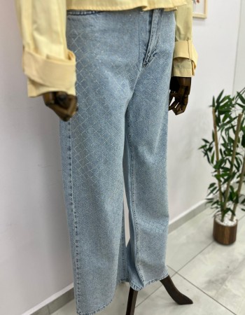 Çapraz Boncuk Detaylı açık Mavi Kot Pantolon