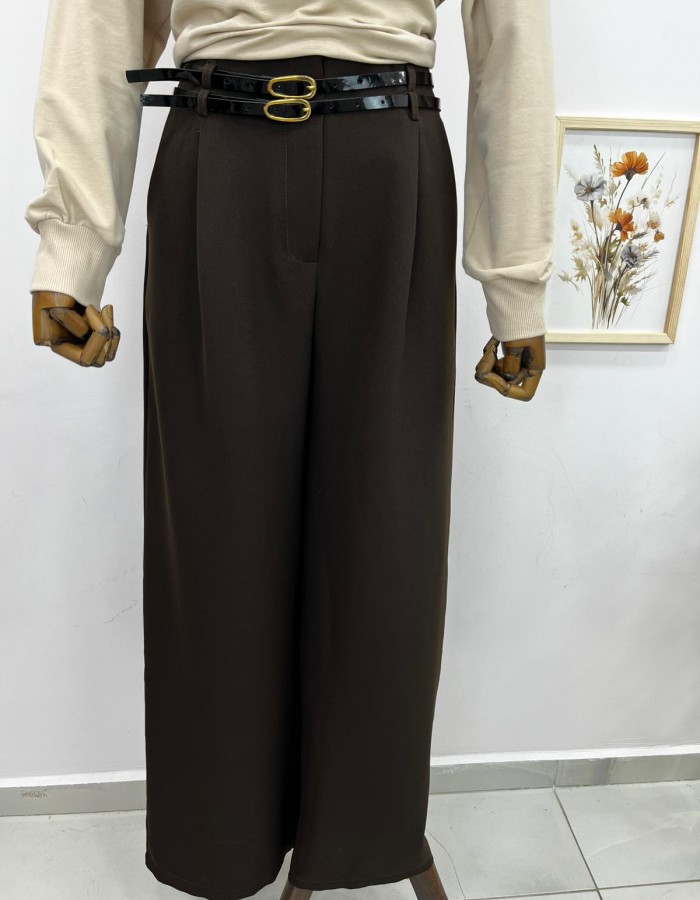 çift kemer detaylı bol paça kumaş pantolon kahverengi