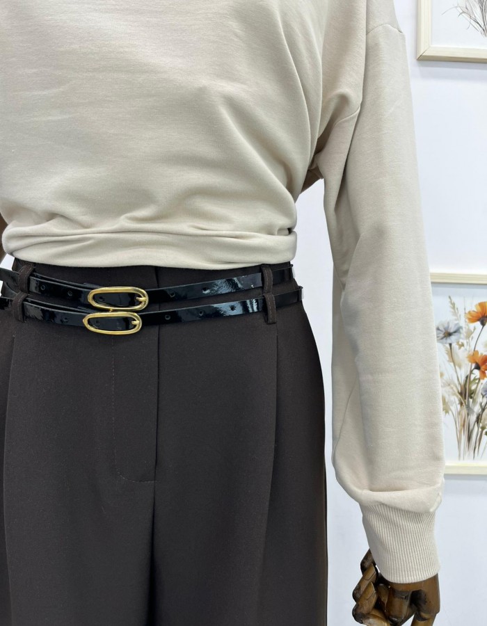 çift kemer detaylı bol paça kumaş pantolon kahverengi