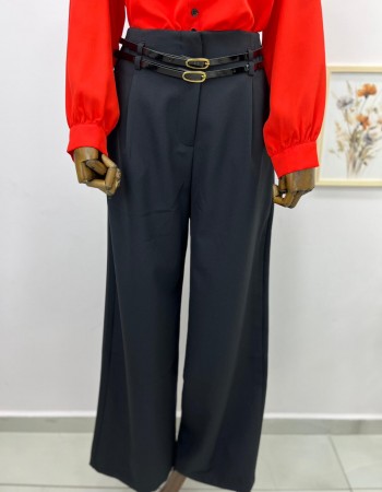 çift kemer detaylı bol paça kumaş pantolon siyah