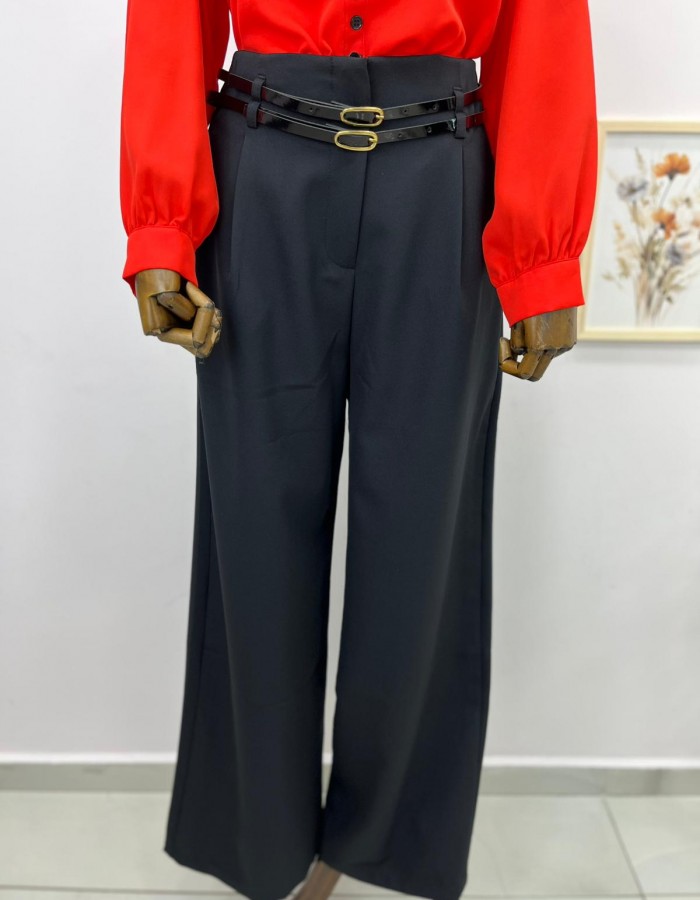 çift kemer detaylı bol paça kumaş pantolon siyah