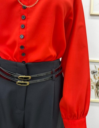 Çift Kemer Detaylı Bol Paça Kumaş Pantolon Siyah