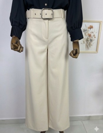 kalın kemerli bol paça kumaş pantolon krem