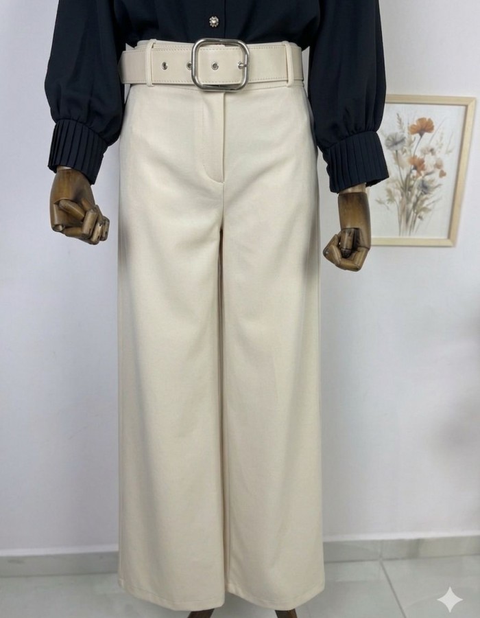 kalın kemerli bol paça kumaş pantolon krem