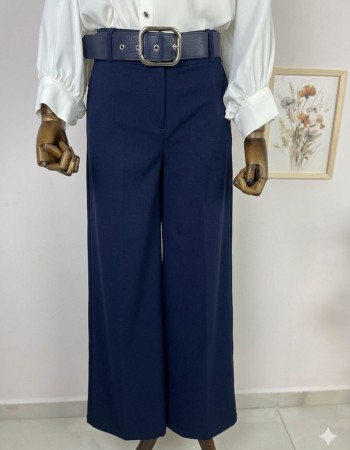 kalın kemerli bol paça kumaş pantolon lacivert