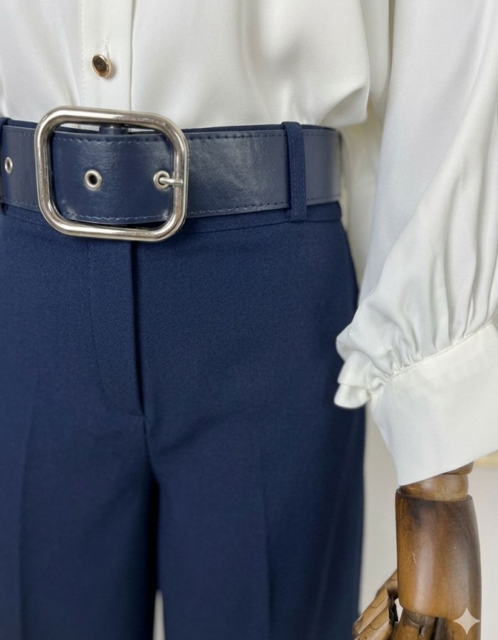 kalın kemerli bol paça kumaş pantolon lacivert