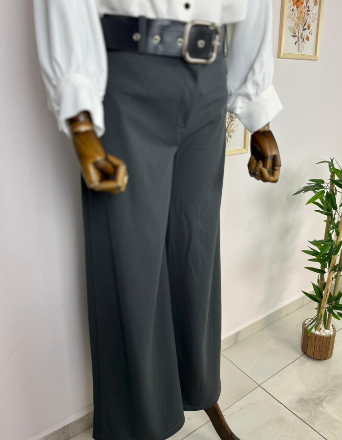 kalın kemerli bol paça kumaş pantolon siyah