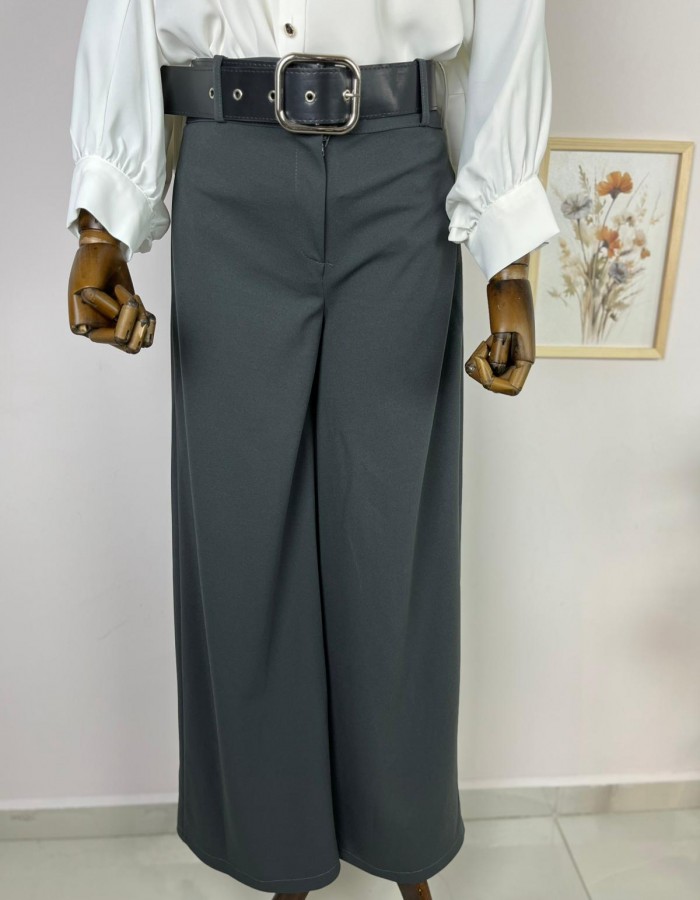 kalın kemerli bol paça kumaş pantolon gri