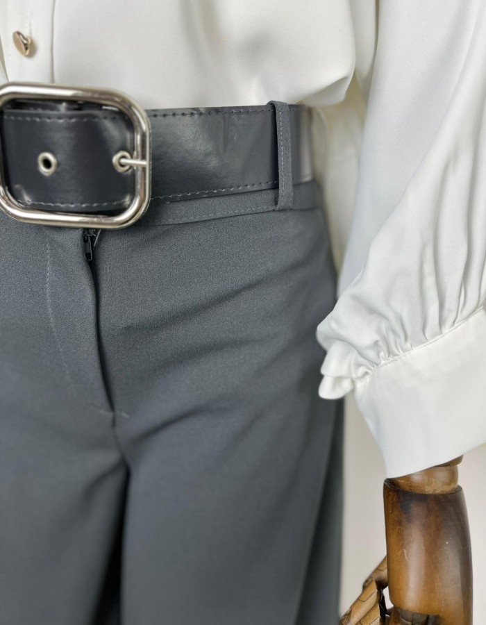 kalın kemerli bol paça kumaş pantolon gri