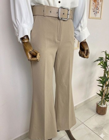 kalın kemerli bol paça kumaş pantolon sütlü kahve