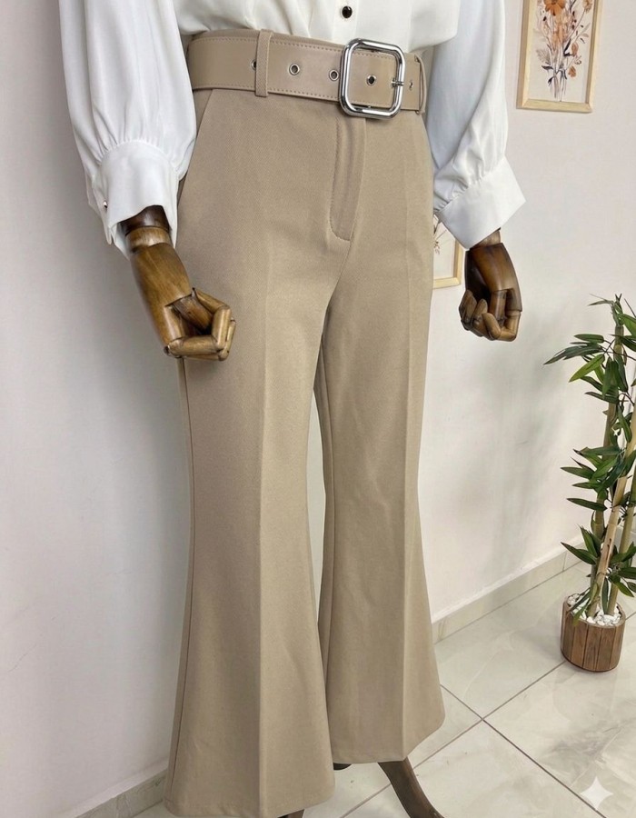 kalın kemerli bol paça kumaş pantolon sütlü kahve