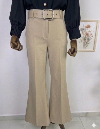 kalın kemerli bol paça kumaş pantolon sütlü kahve