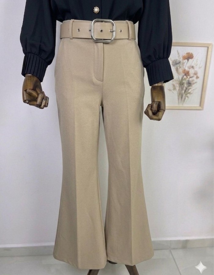 kalın kemerli bol paça kumaş pantolon sütlü kahve