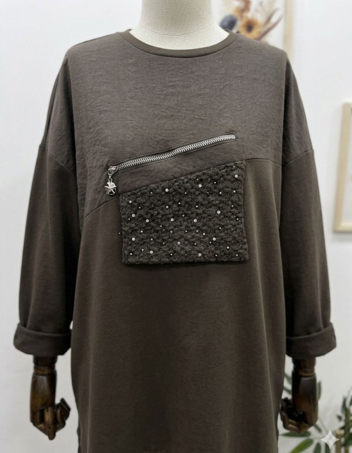 Fermuar ve Garnili Kahverengi Tunik