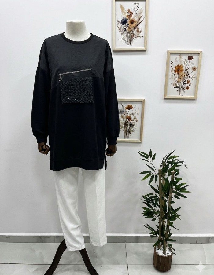 Fermuar ve Garnili Siyah Tunik