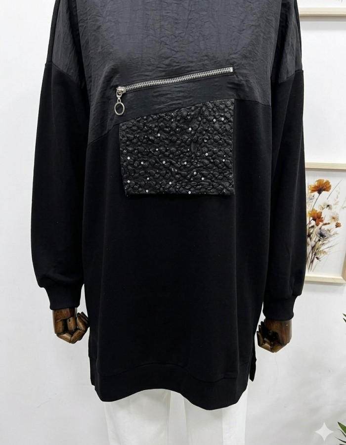 Fermuar ve Garnili Siyah Tunik