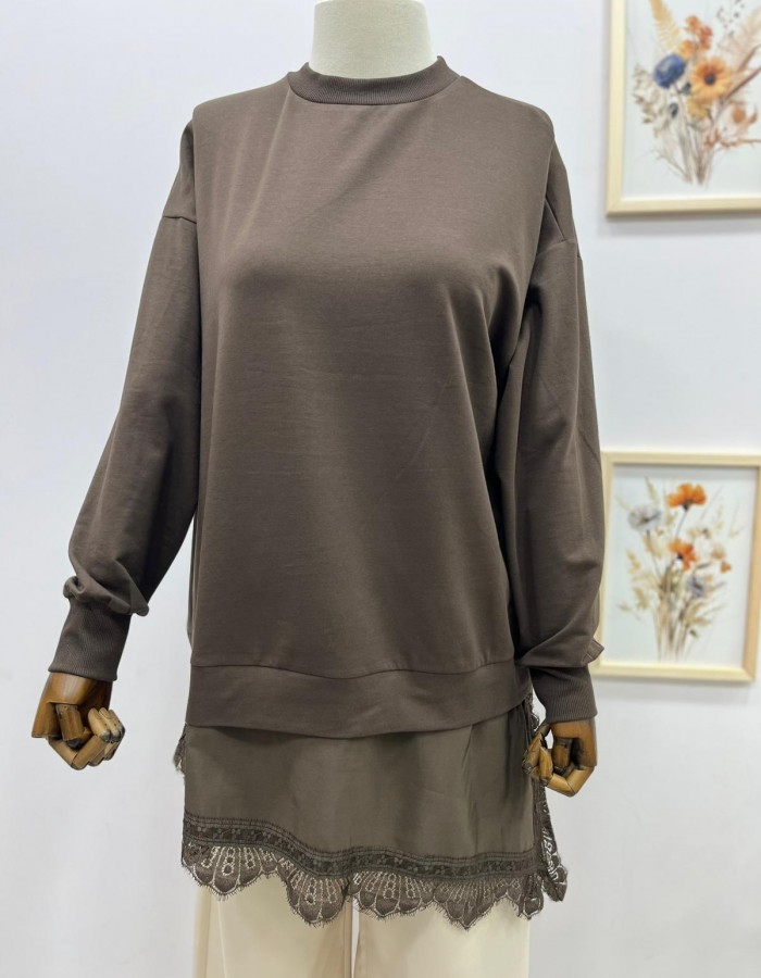 Çapraz Dantel Detaylı Salaş Tunik Kahverengi