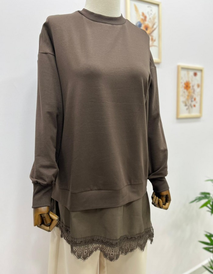 Çapraz Dantel Detaylı Salaş Tunik Kahverengi