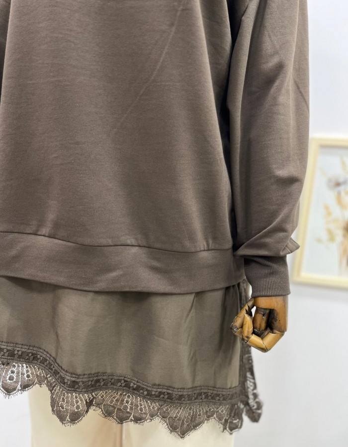 Çapraz Dantel Detaylı Salaş Tunik Kahverengi