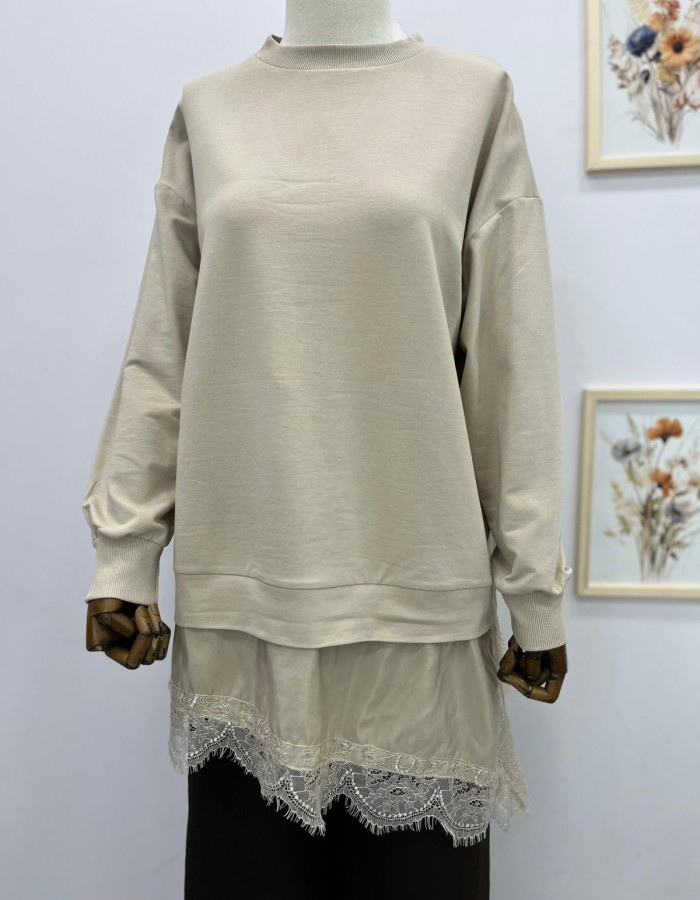 Çapraz Dantel Detaylı Salaş Tunik Krem