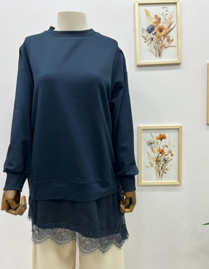 Çapraz Dantel Detaylı Salaş Tunik Lacivert