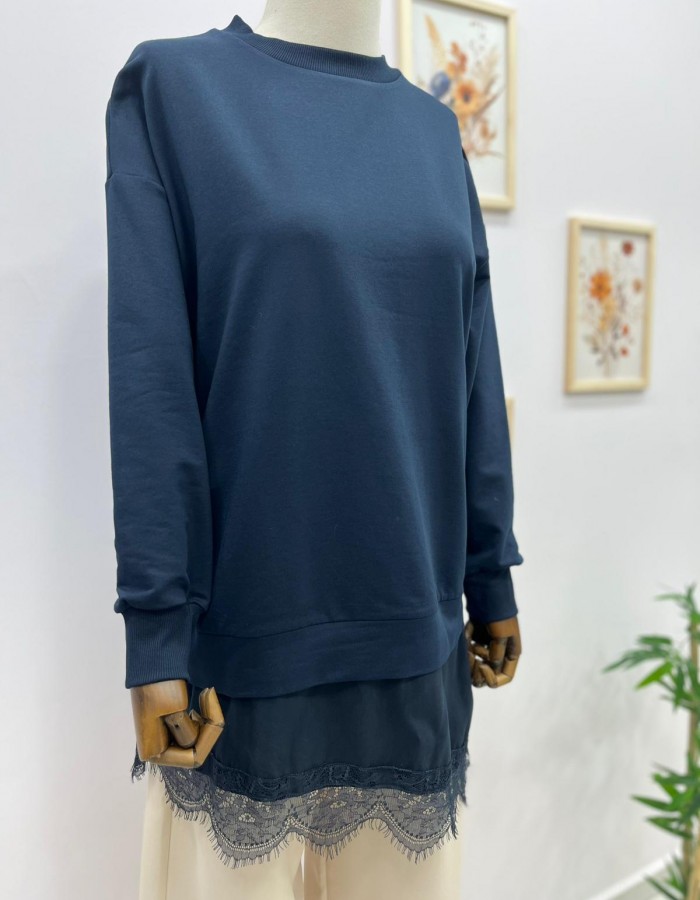 Çapraz Dantel Detaylı Salaş Tunik Lacivert